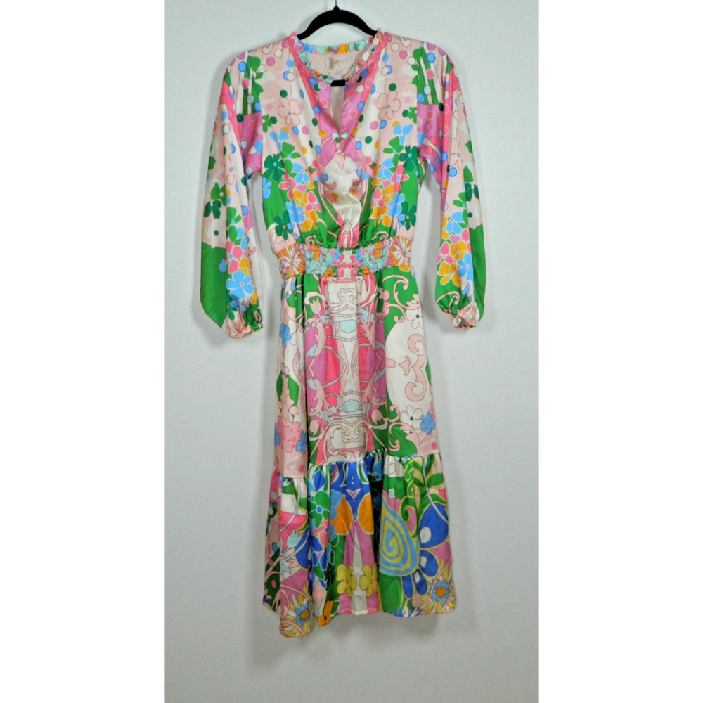 Ciebon Dress Size Small Pink Multi Irena Abstract Print‎ Long Sleeve Midi